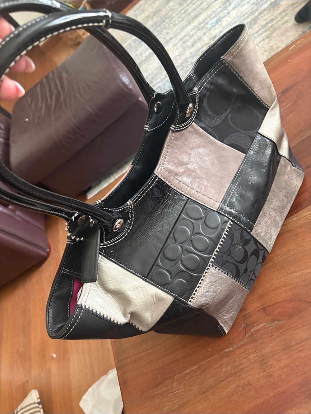 Authentic Coach Patchwork Black and Metallic Tote Bag - Designer Style